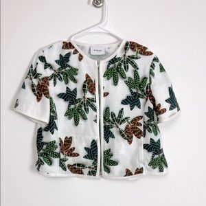 Akris Punto tropical leaf short sleeve White and Green Textured Top or jacket